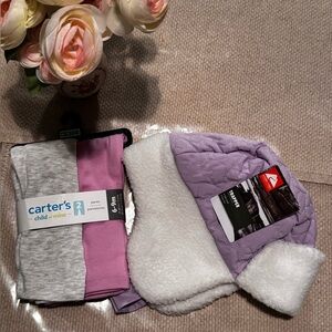 Carter's baby girl Gray and Pink Pants sz 6-9m with Purple and White Hat onesize